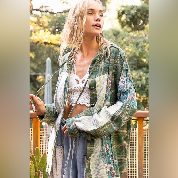 LAST ONE New! POL Olive Green Multi Color Patchwork Plaid Hoodie Top - Picture 3 of 5